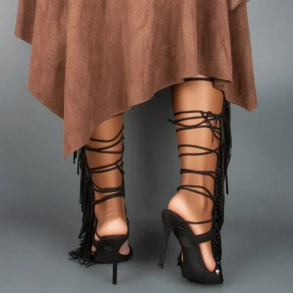 Black Bohemian Women'sGemstone Straps Fringe Detail Knee High Stiletto Boots f - Picture 2 of 10
